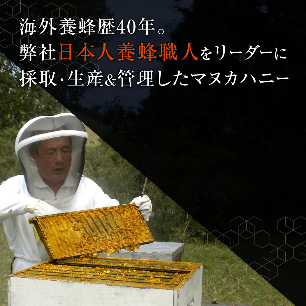 海外養蜂歴40年。弊社日本人養蜂職人をリーダーに採取・生産＆管理したマヌカハニー