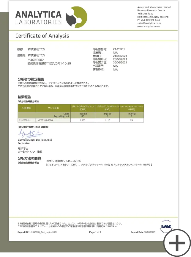 ALS Food and Environmental NZ.MGO含有量測定試験結果報告書
